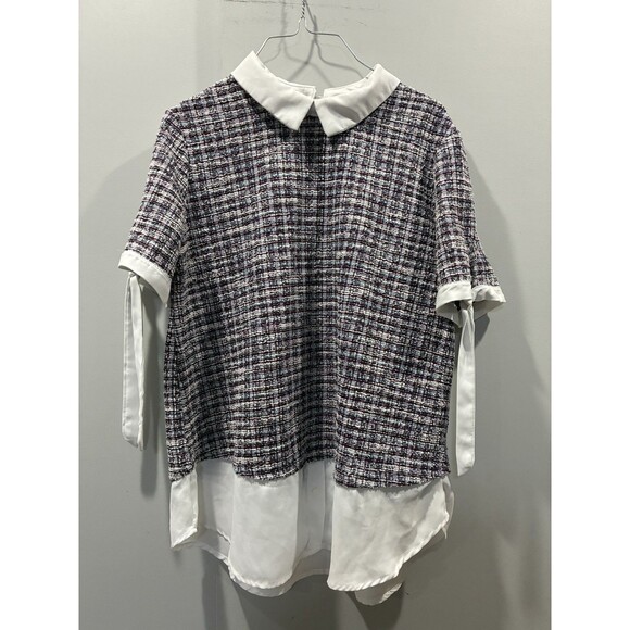 Misia L Tweed Blouse Layered Look Top White Collar Contrast Hem Short Sleeve - Picture 2 of 5